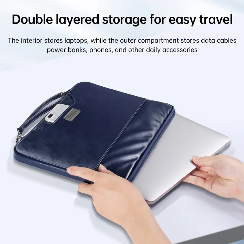 PU-Leder Laptop-Sleeve für 13-14 Zoll Notebooks, tragbare Aufbewahrungstasche - Blau