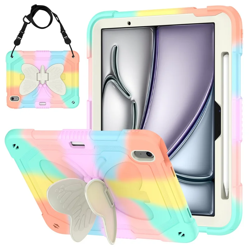 For iPad Air 11 (2025) / (2024) Case Butterfly Kickstand Silicone+PC Tablet Cover with Shoulder Strap