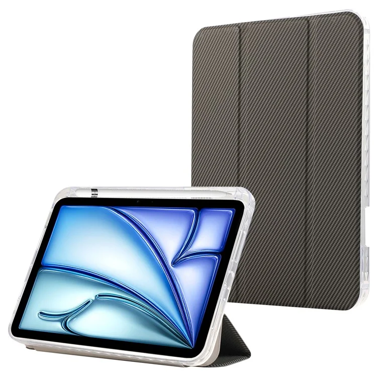 For iPad Air 11 (2025) / (2024) Case Carbon Fiber Texture Leather Tri-Fold Stand Tablet Cover - Gold