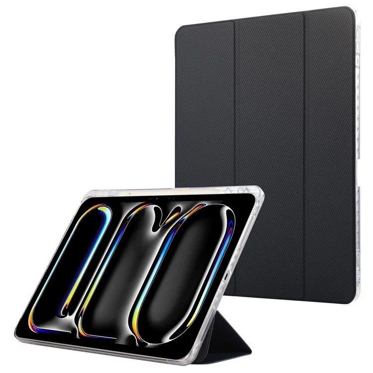 For iPad Pro 11 (2024) Case Tri-Fold Stand Leather Smart Tablet Cover Carbon Fiber Texture - Dark Blue