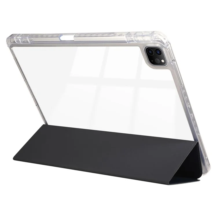 For iPad Pro 11 (2024) Case Tri-Fold Stand Leather Smart Tablet Cover Carbon Fiber Texture - Dark Blue