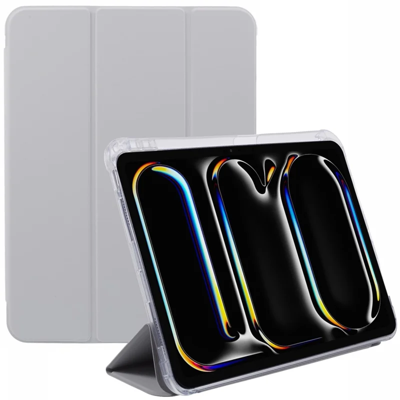 Für iPad Pro 11 (2024) Hülle Trifold-Ständer PU-Leder+Clear TPU-Tablet-Cover mit Stiftfach - Grau