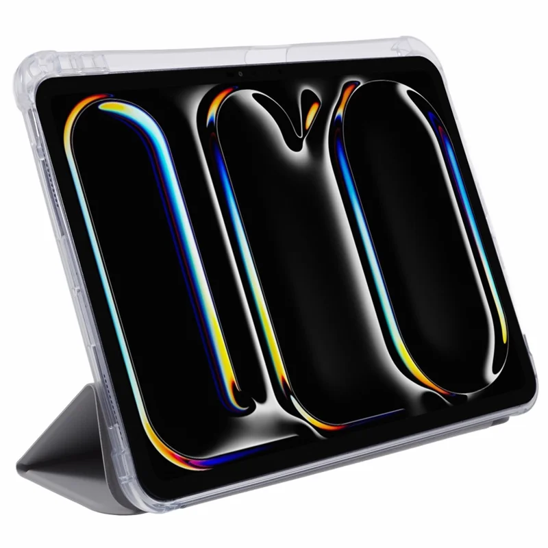 Für iPad Pro 11 (2024) Hülle Trifold-Ständer PU-Leder+Clear TPU-Tablet-Cover mit Stiftfach - Grau