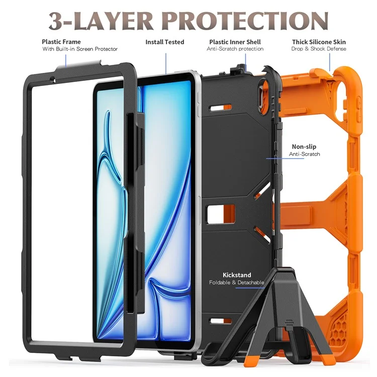Funda para iPad Air 11 (2024) con protector de pantalla incorporado, soporte y tapa de tableta de PC + silicona - Naranja