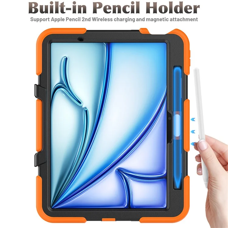 Funda para iPad Air 11 (2024) con protector de pantalla incorporado, soporte y tapa de tableta de PC + silicona - Naranja