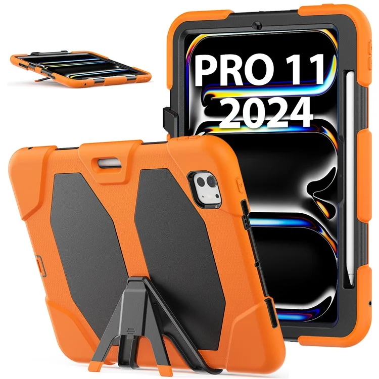 Para iPad Pro 11 (2024) Capa PC+Silicone Suporte Vertical Capa Tablet com Película de Tela PET - Laranja