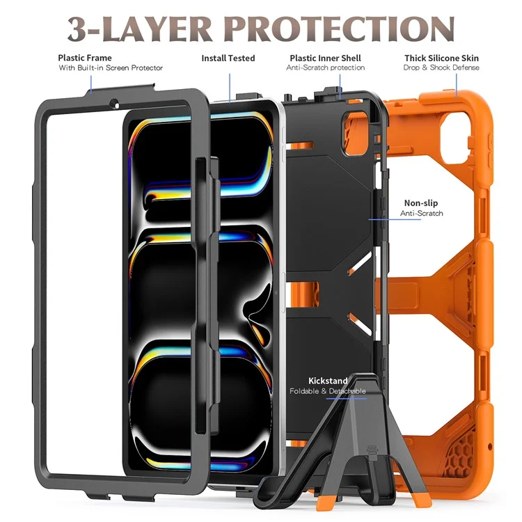 Para iPad Pro 11 (2024) Capa PC+Silicone Suporte Vertical Capa Tablet com Película de Tela PET - Laranja