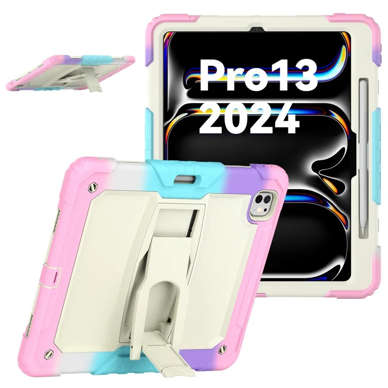 For iPad Pro 13 (2024) Case PC+Silicone Tablet Cover with Pen Slot and Shoulder Strap - Camo Pink