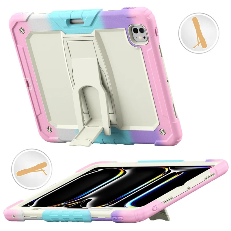 For iPad Pro 13 (2024) Case PC+Silicone Tablet Cover with Pen Slot and Shoulder Strap - Camo Pink