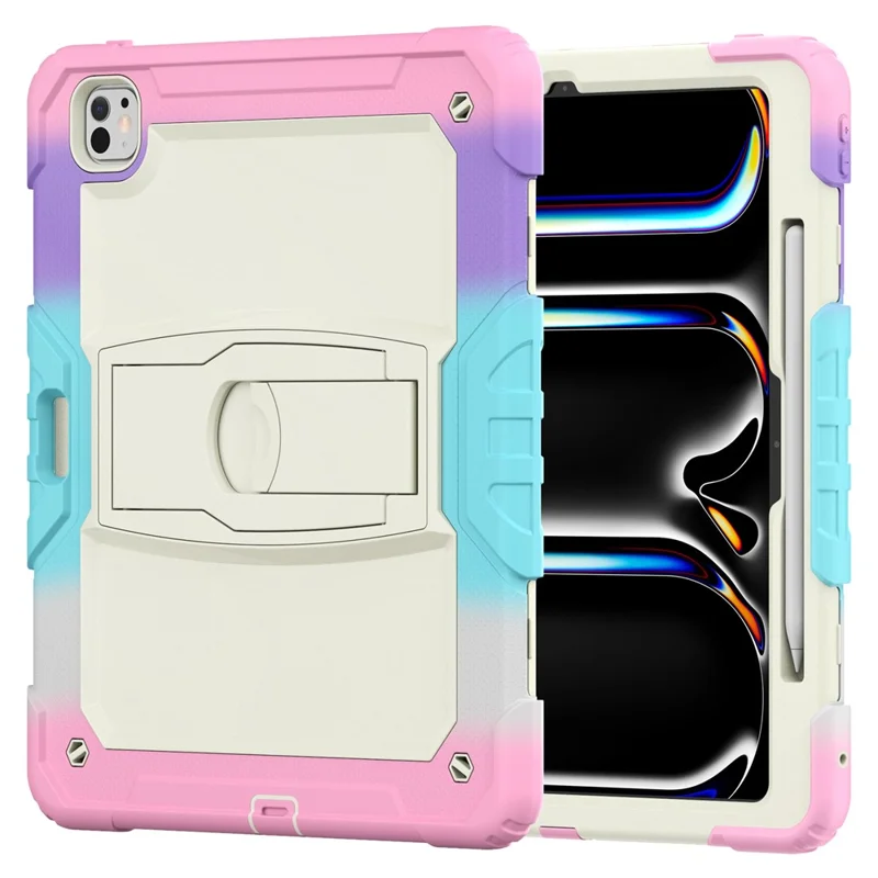 For iPad Pro 13 (2024) Case PC+Silicone Tablet Cover with Pen Slot and Shoulder Strap - Camo Pink