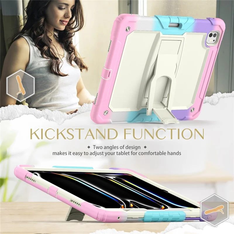 For iPad Pro 13 (2024) Case PC+Silicone Tablet Cover with Pen Slot and Shoulder Strap - Camo Pink