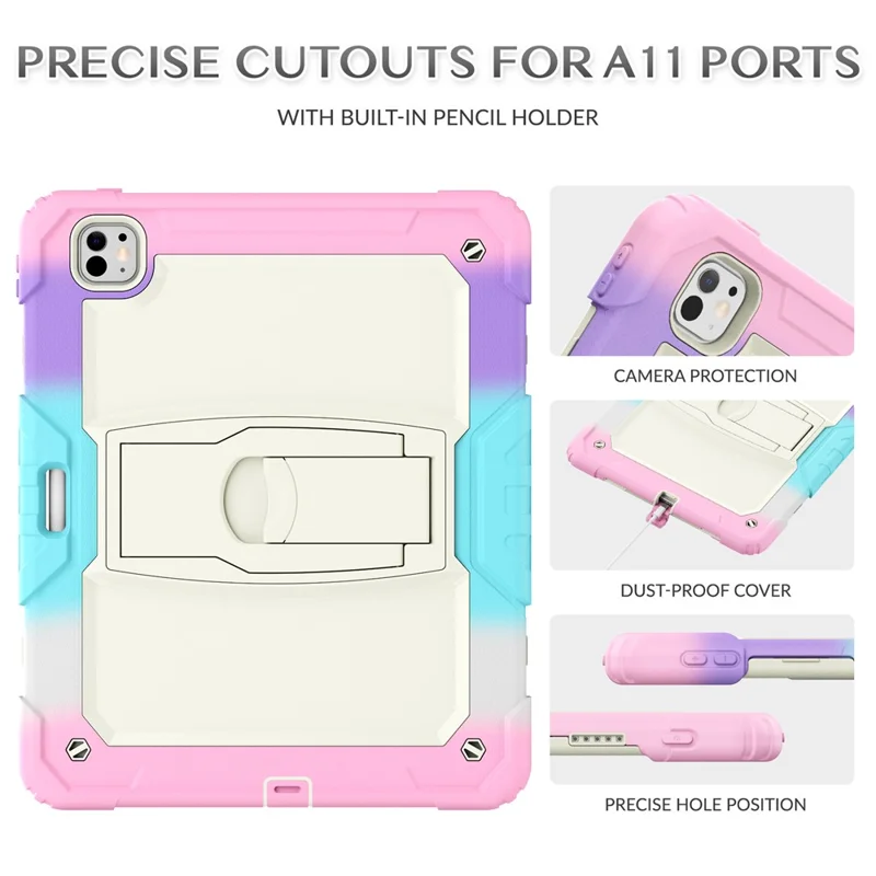 For iPad Pro 13 (2024) Case PC+Silicone Tablet Cover with Pen Slot and Shoulder Strap - Camo Pink