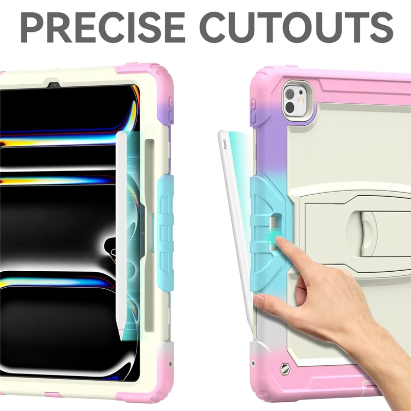 For iPad Pro 13 (2024) Case PC+Silicone Tablet Cover with Pen Slot and Shoulder Strap - Camo Pink