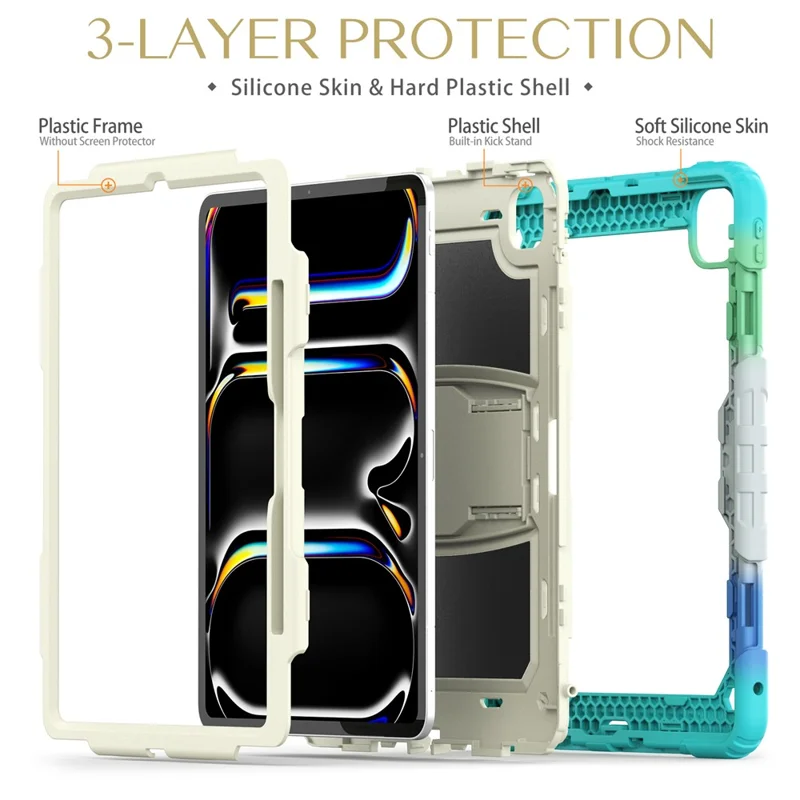 For iPad Pro 13 (2025) / 13 (2024) Case PC+Silicone Tablet Cover with Pen Slot and Shoulder Strap - Camo Baby Blue