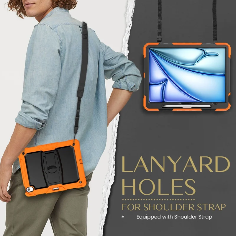 For iPad Air 13 (2025) / (2024) Case PC+Silicone Kickstand Pen Slot Tablet Cover with Shoulder Strap - Orange