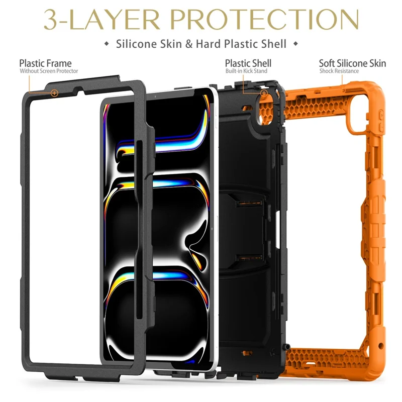 Для iPad Pro 13 (2024) Чехол с подставкой PC+Silicone Tablet Cover с держателем для ручки / плечевым ремнем - Оранжевый