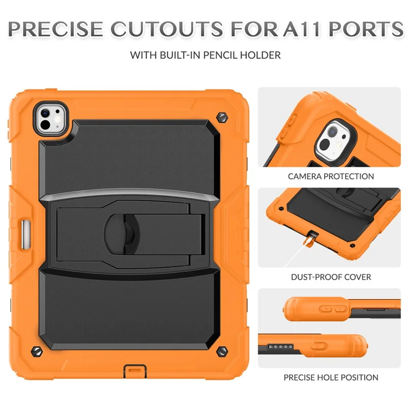 Для iPad Pro 13 (2024) Чехол с подставкой PC+Silicone Tablet Cover с держателем для ручки / плечевым ремнем - Оранжевый