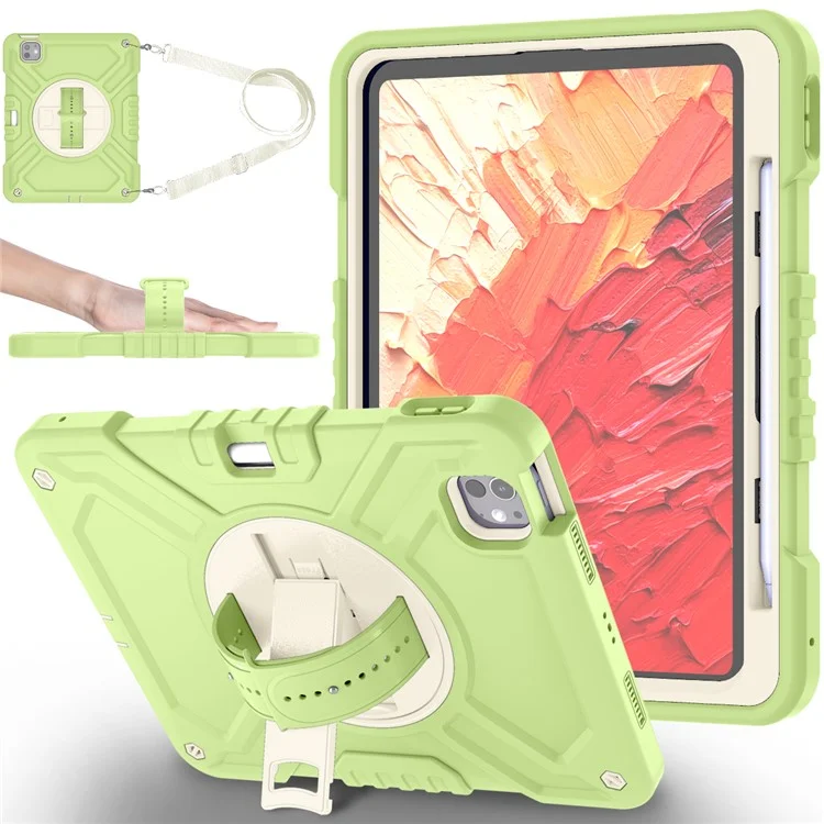 X-förmige Serie für iPad Pro 11 (2024) Kickstand-Hülle mit Handschlaufe Tablet-Cover mit Schultergurt - Gelbgrün+Weiß