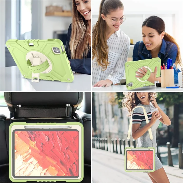 X-förmige Serie für iPad Pro 11 (2024) Kickstand-Hülle mit Handschlaufe Tablet-Cover mit Schultergurt - Gelbgrün+Weiß
