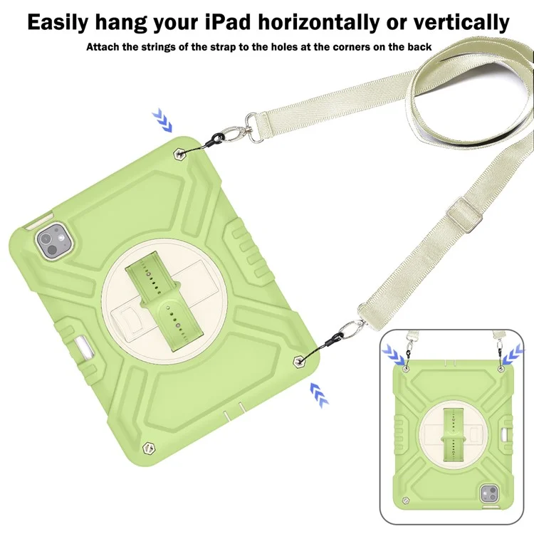 X-förmige Serie für iPad Pro 11 (2024) Kickstand-Hülle mit Handschlaufe Tablet-Cover mit Schultergurt - Gelbgrün+Weiß