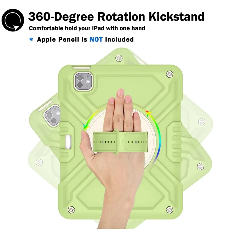 X-förmige Serie für iPad Pro 11 (2024) Kickstand-Hülle mit Handschlaufe Tablet-Cover mit Schultergurt - Gelbgrün+Weiß
