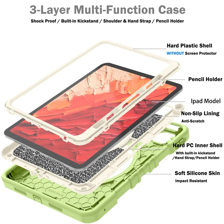 X-förmige Serie für iPad Pro 11 (2024) Kickstand-Hülle mit Handschlaufe Tablet-Cover mit Schultergurt - Gelbgrün+Weiß