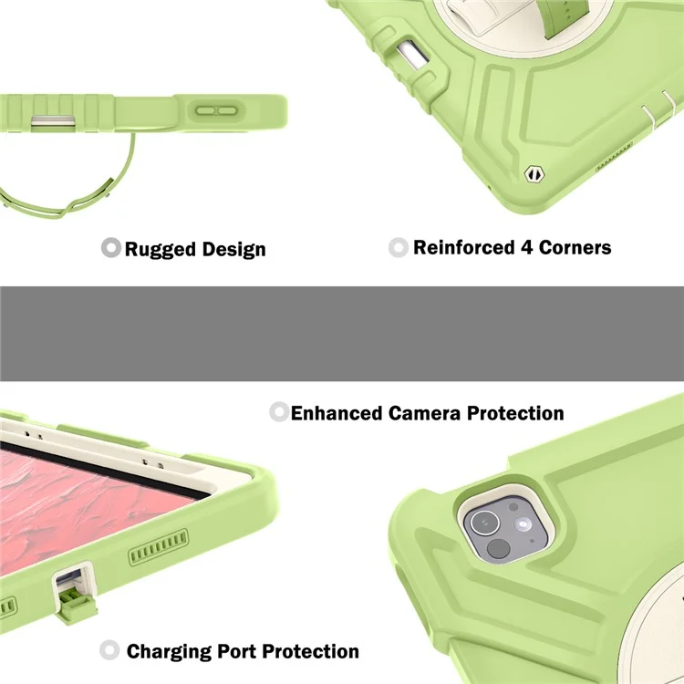 X-förmige Serie für iPad Pro 11 (2024) Kickstand-Hülle mit Handschlaufe Tablet-Cover mit Schultergurt - Gelbgrün+Weiß