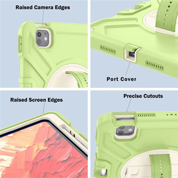 X-förmige Serie für iPad Pro 11 (2024) Kickstand-Hülle mit Handschlaufe Tablet-Cover mit Schultergurt - Gelbgrün+Weiß