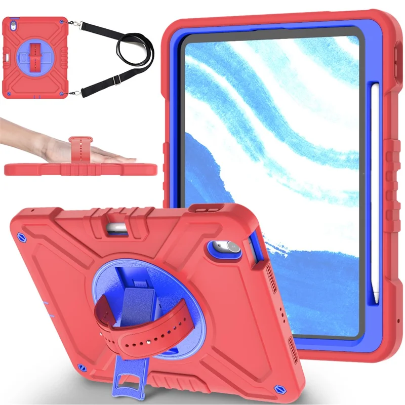 X-Shaped Series for iPad Air 11 (2025) / (2024) Case Kickstand PC+Silicone Tablet Cover with Shoulder Strap - Red+Blue