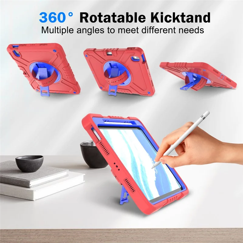 X-Shaped Series for iPad Air 11 (2025) / (2024) Case Kickstand PC+Silicone Tablet Cover with Shoulder Strap - Red+Blue