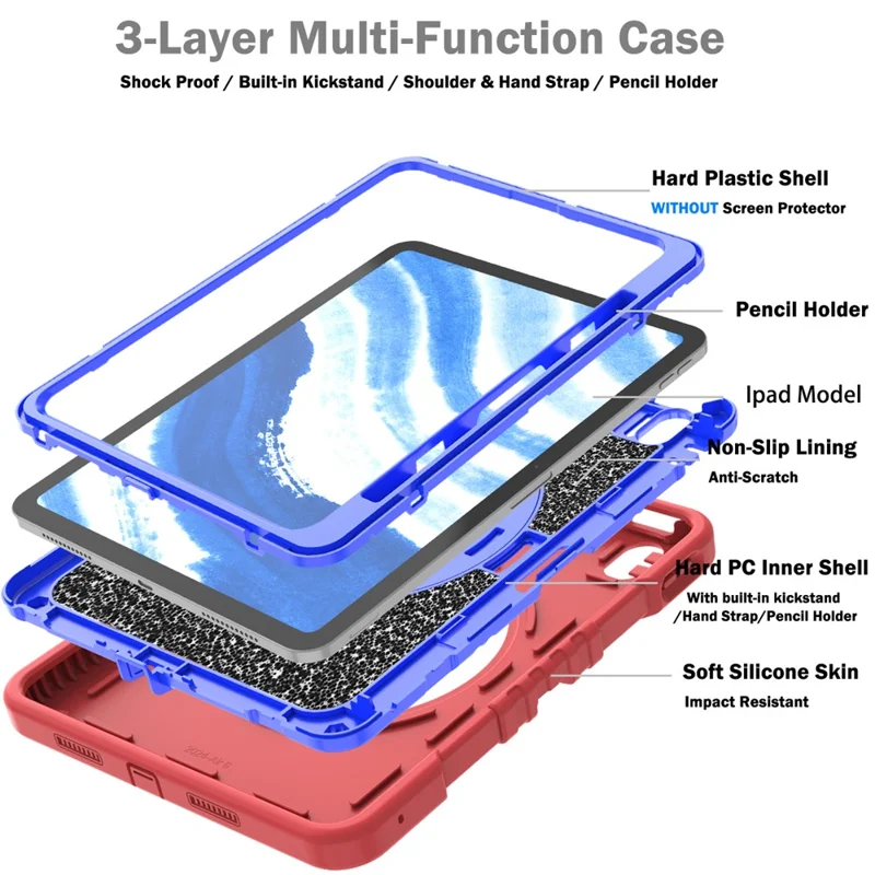 X-Shaped Series for iPad Air 11 (2025) / (2024) Case Kickstand PC+Silicone Tablet Cover with Shoulder Strap - Red+Blue