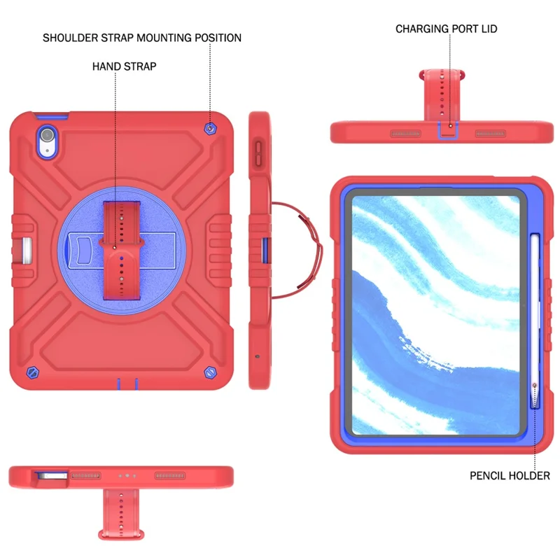 X-Shaped Series for iPad Air 11 (2025) / (2024) Case Kickstand PC+Silicone Tablet Cover with Shoulder Strap - Red+Blue