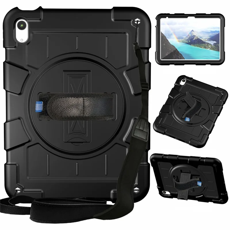 For iPad Air 11 (2026) / (2025) / (2024) Kickstand Case Rotating Hand Strap PC+TPU Tablet Cover with Shoulder Strap - Black