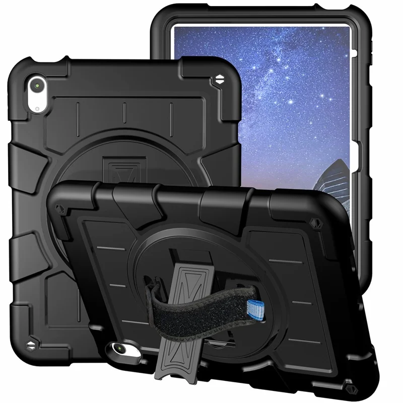 For iPad Air 11 (2026) / (2025) / (2024) Kickstand Case Rotating Hand Strap PC+TPU Tablet Cover with Shoulder Strap - Black