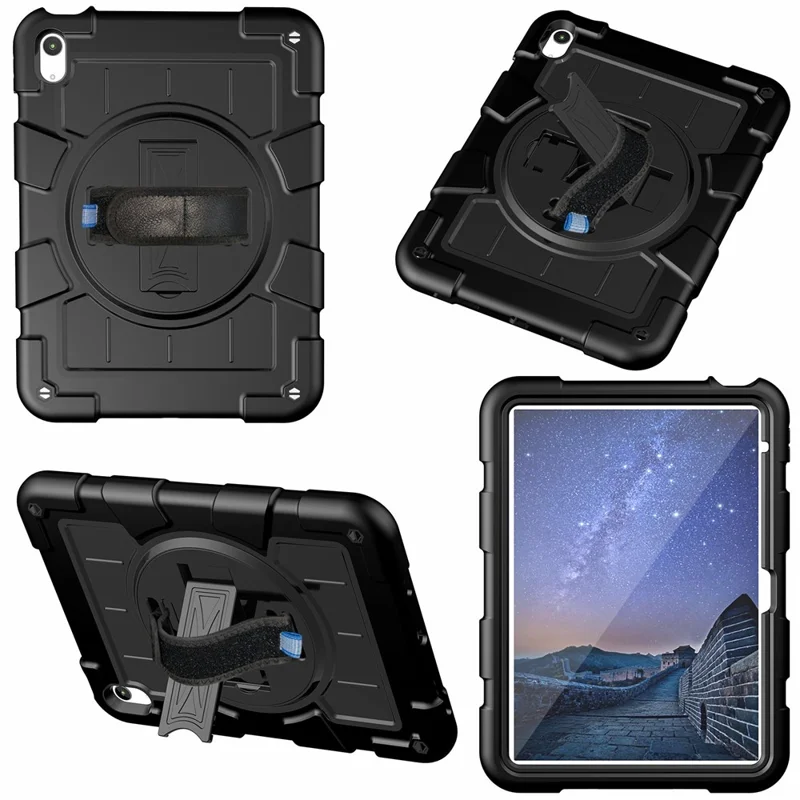 For iPad Air 11 (2026) / (2025) / (2024) Kickstand Case Rotating Hand Strap PC+TPU Tablet Cover with Shoulder Strap - Black