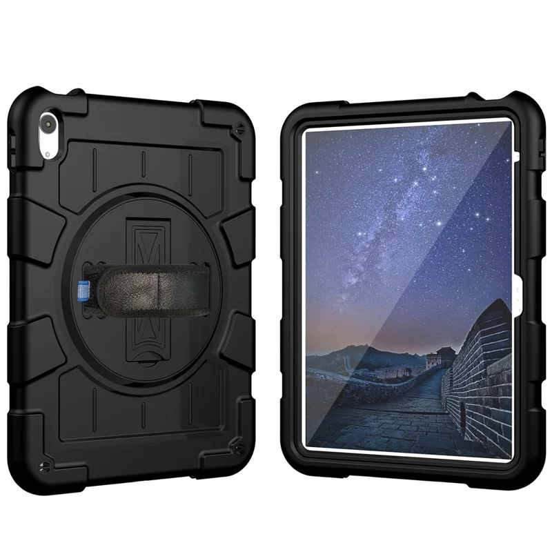 For iPad Air 11 (2026) / (2025) / (2024) Kickstand Case Rotating Hand Strap PC+TPU Tablet Cover with Shoulder Strap - Black