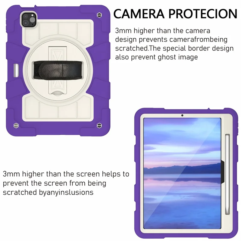 For iPad Pro 11 (2024) Kickstand Case with Shoulder Strap Rotating Hand Strap PC+TPU Tablet Cover - Purple