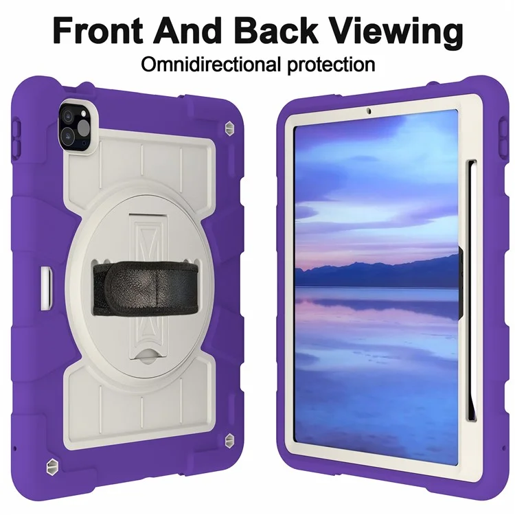 For iPad Pro 11 (2024) Kickstand Case with Shoulder Strap Rotating Hand Strap PC+TPU Tablet Cover - Purple