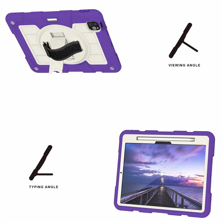 For iPad Pro 11 (2024) Kickstand Case with Shoulder Strap Rotating Hand Strap PC+TPU Tablet Cover - Purple