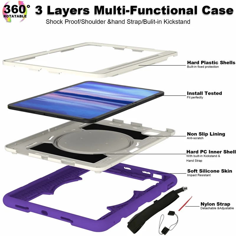 For iPad Pro 11 (2024) Kickstand Case with Shoulder Strap Rotating Hand Strap PC+TPU Tablet Cover - Purple