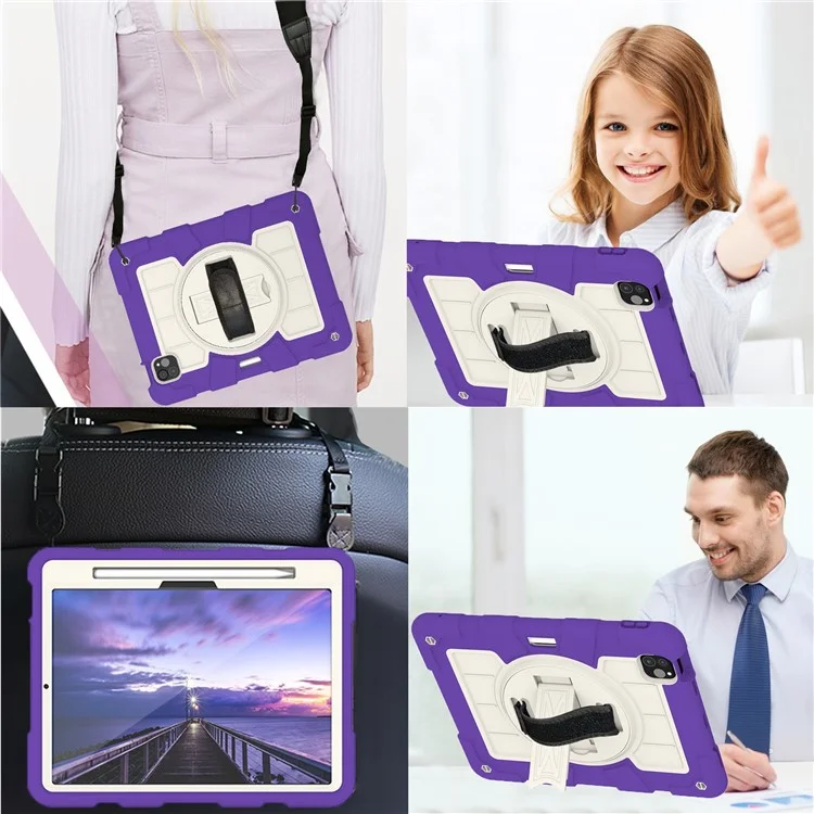 For iPad Pro 11 (2024) Kickstand Case with Shoulder Strap Rotating Hand Strap PC+TPU Tablet Cover - Purple