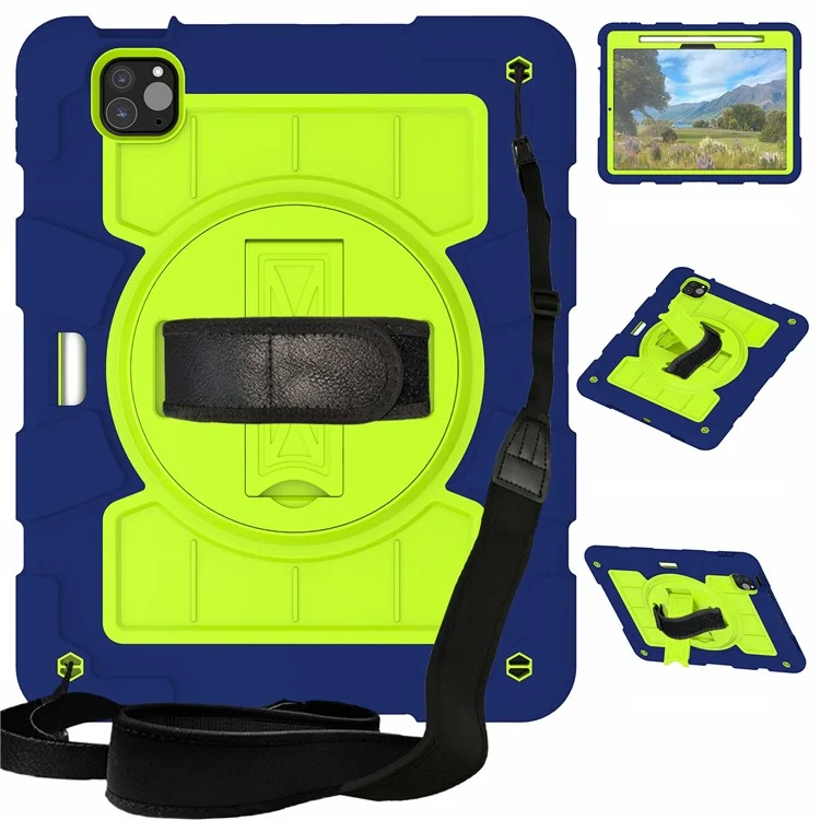 Pour iPad Pro 11 (2024) Étui à support avec sangle d'épaule Sangle rotative Étui de tablette PC+TPU - Bleu marine / Vert
