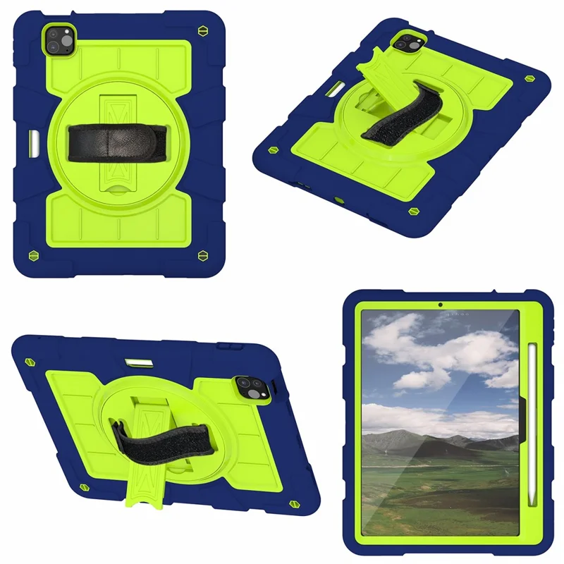 Pour iPad Pro 11 (2024) Étui à support avec sangle d'épaule Sangle rotative Étui de tablette PC+TPU - Bleu marine / Vert