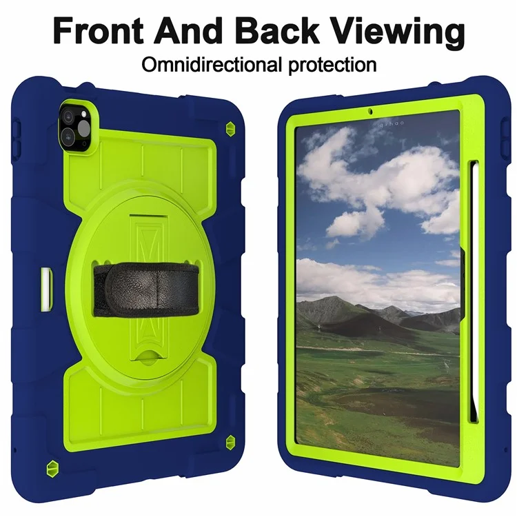 Pour iPad Pro 11 (2024) Étui à support avec sangle d'épaule Sangle rotative Étui de tablette PC+TPU - Bleu marine / Vert