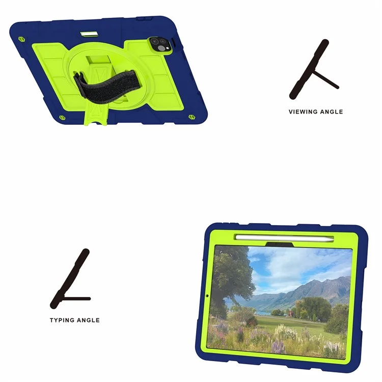 Pour iPad Pro 11 (2024) Étui à support avec sangle d'épaule Sangle rotative Étui de tablette PC+TPU - Bleu marine / Vert