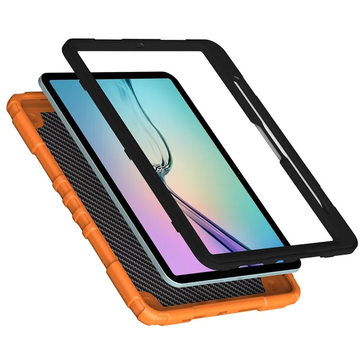 For iPad Air 11 (2025) / (2024) M2 Case TPU+PC Fidget Tablet Cover with Handle Kickstand and Pencil Holder - Orange+Black