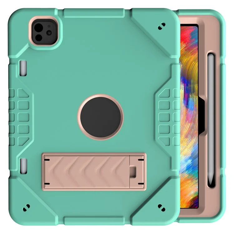 Para iPad Pro 11 (2024) M4 Case Kickstand PC+TPU Capa Protetora de Tablet com Slot para Caneta - Verde Menta+Ouro Rosa