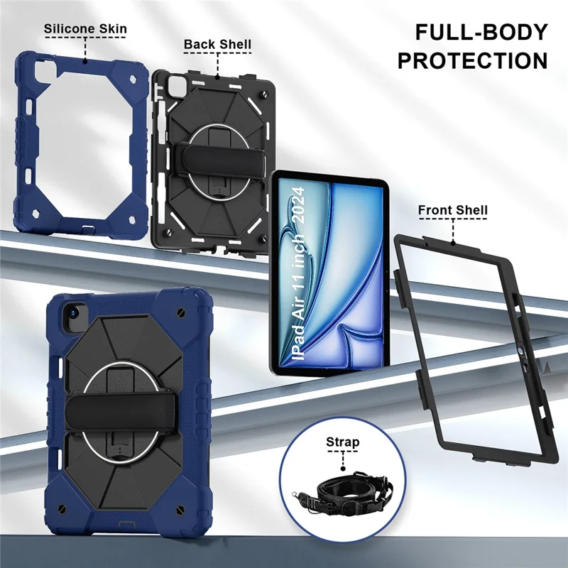 Per iPad Air 11 (2024) custodia in silicone+PC con supporto e tracolla - Blu Navy / Nero