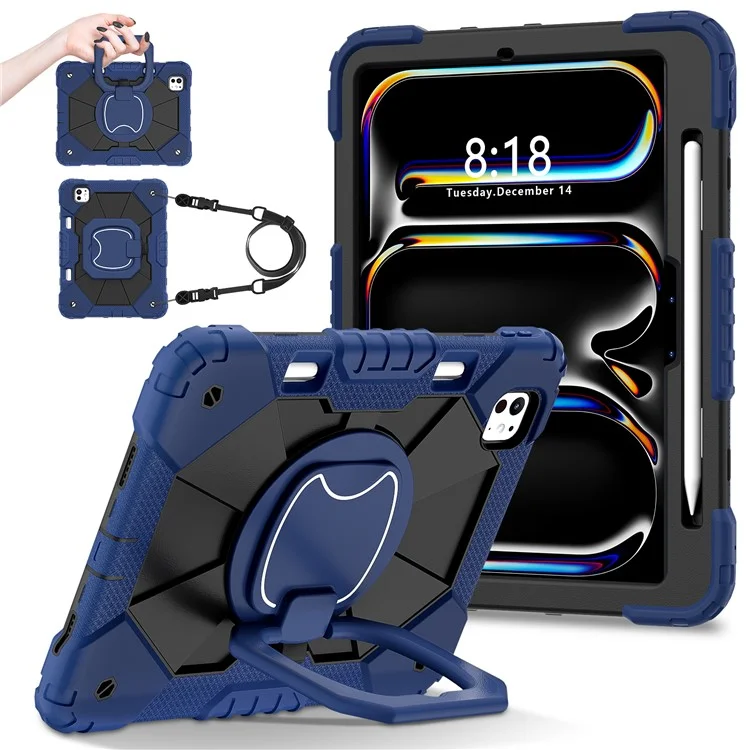 Per iPad Pro 11 (2024) Custodia con Supporto Silicone+PC Custodia Tablet con Tracolla - Navy Blue / Nero