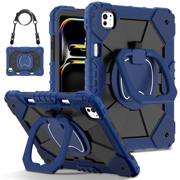 Per iPad Pro 11 (2024) Custodia con Supporto Silicone+PC Custodia Tablet con Tracolla - Navy Blue / Nero
